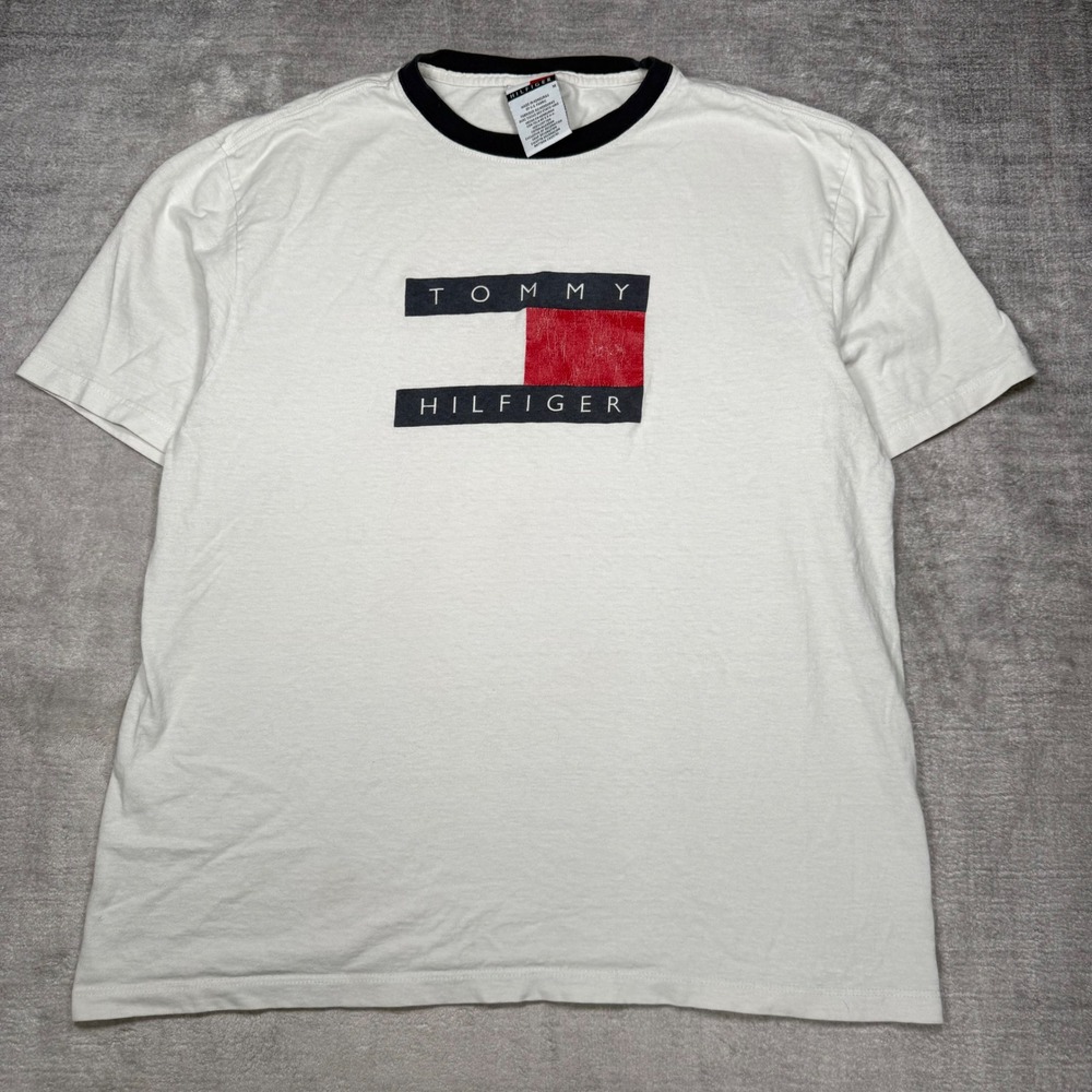 Tommy Hilfiger Shirt Mens Medium White Ringer Flag Logo Vintage 90s Y2K Preppy